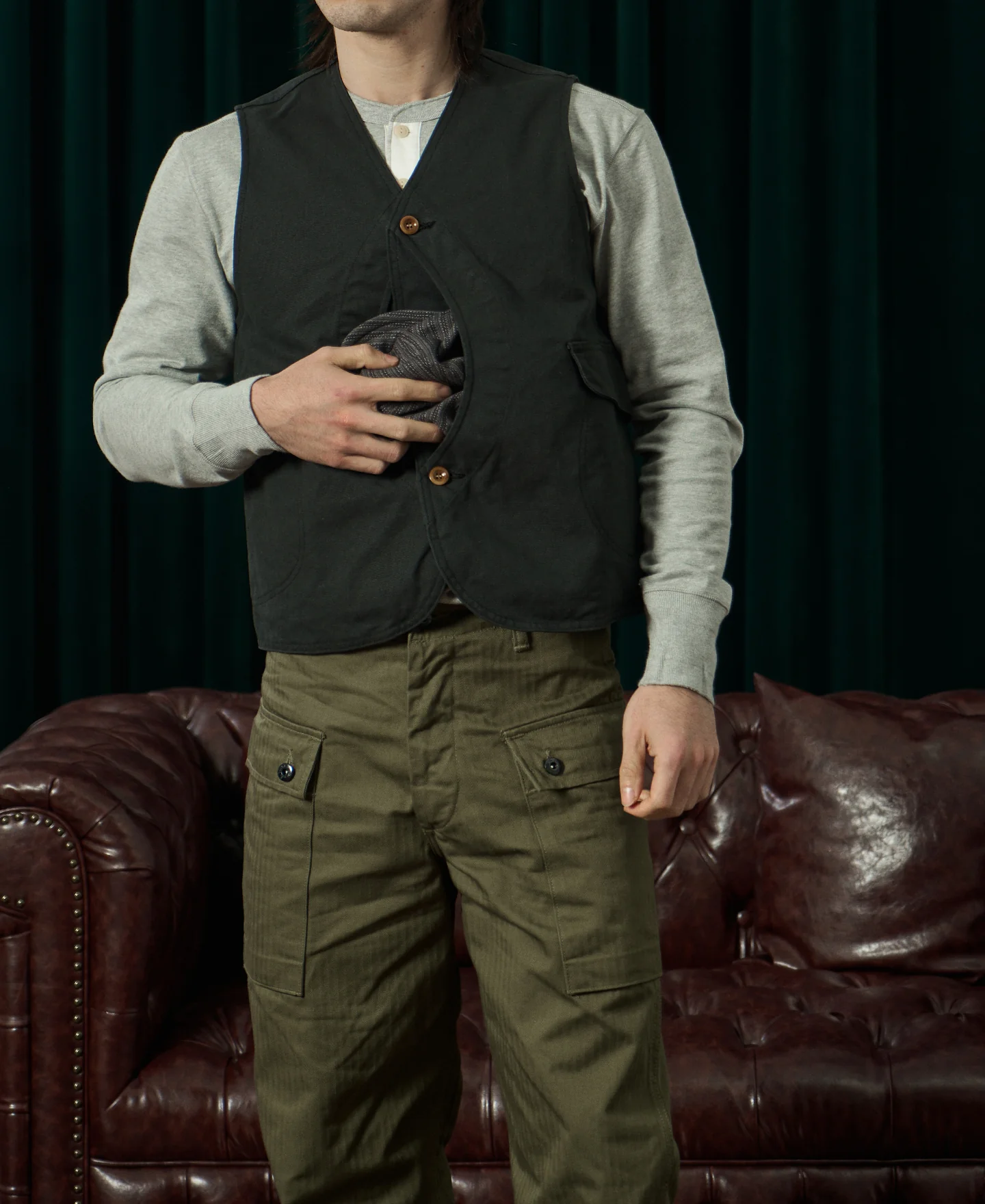 1930s Canvas Game Pockets Vest - Dark Green - Image 5