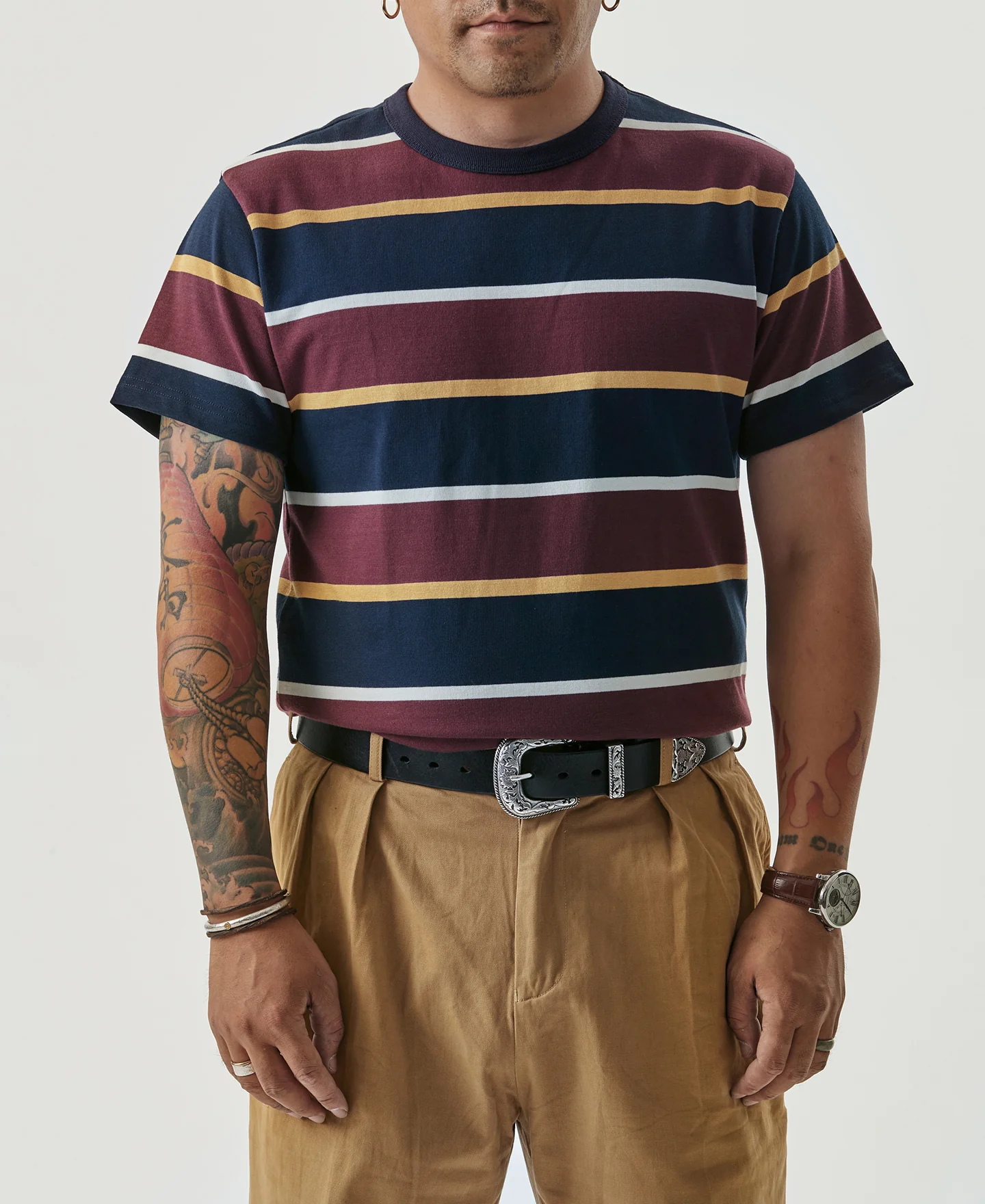 9.8 oz IVY Style Striped T-Shirt - Burgundy Red/Navy - Image 4