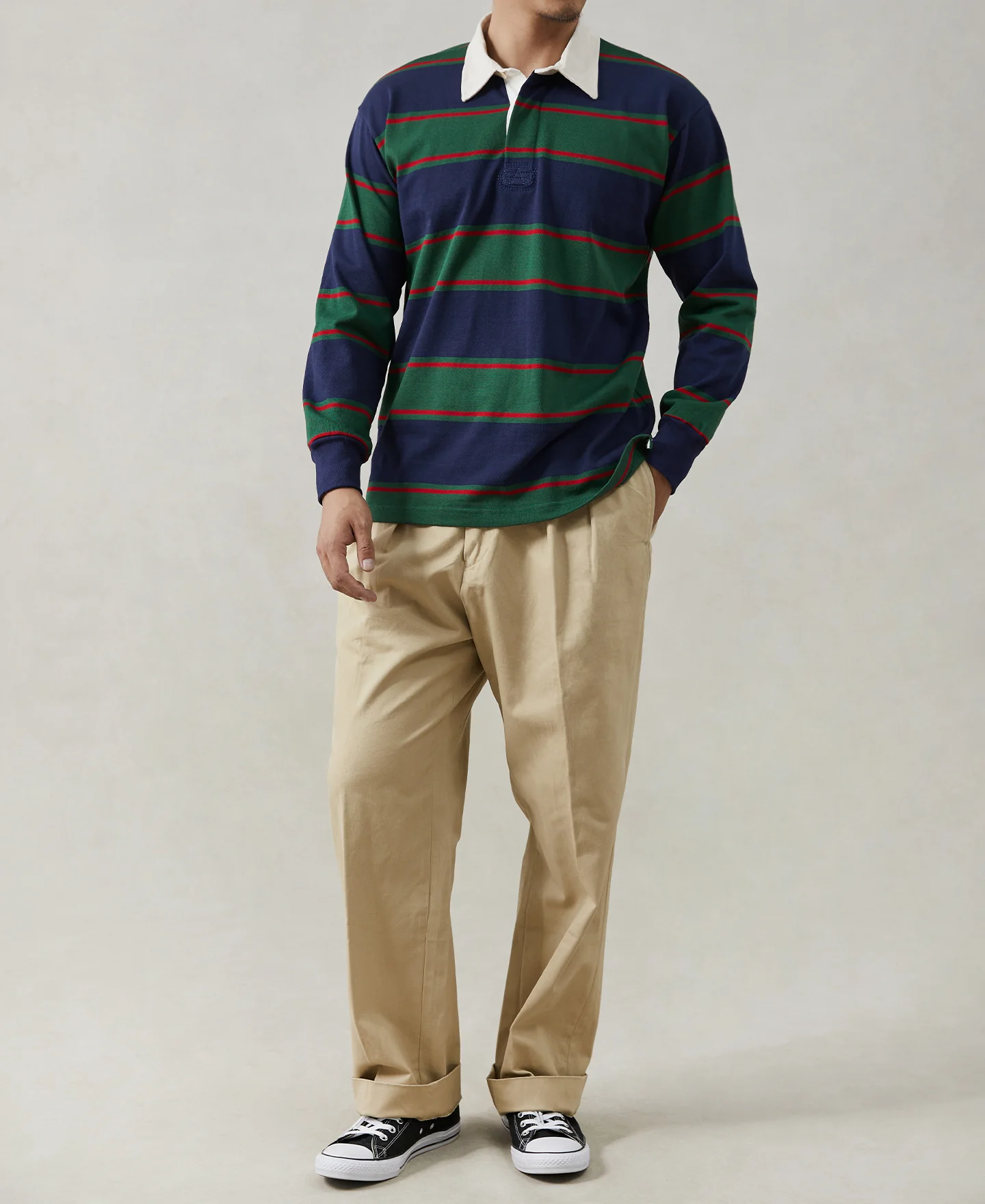 Classic Fit Striped Jersey Rugby Shirt - Green/Navy/Red - Image 6