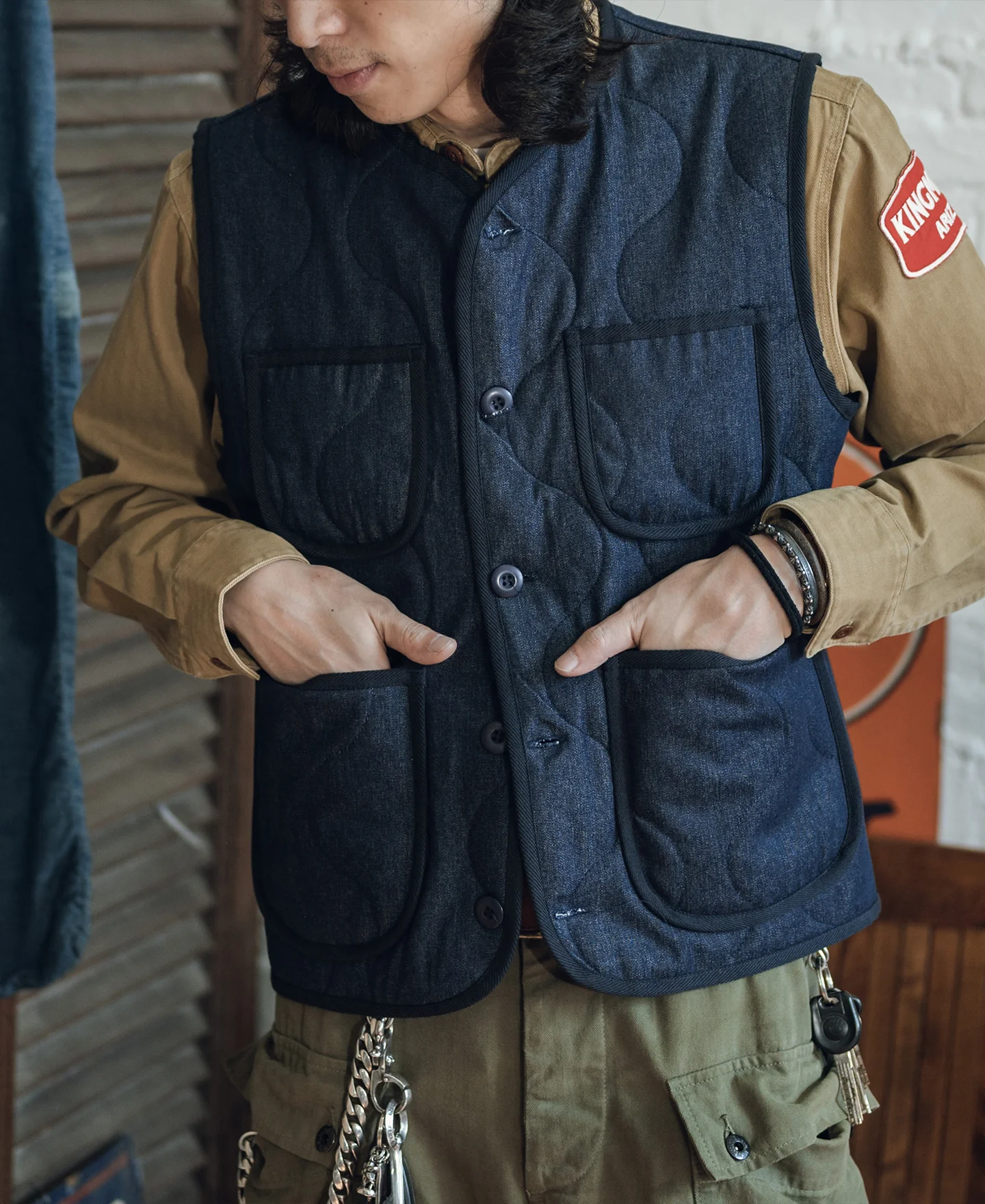 Military Style Quilted Padded Denim Vest - Navy - Image 3