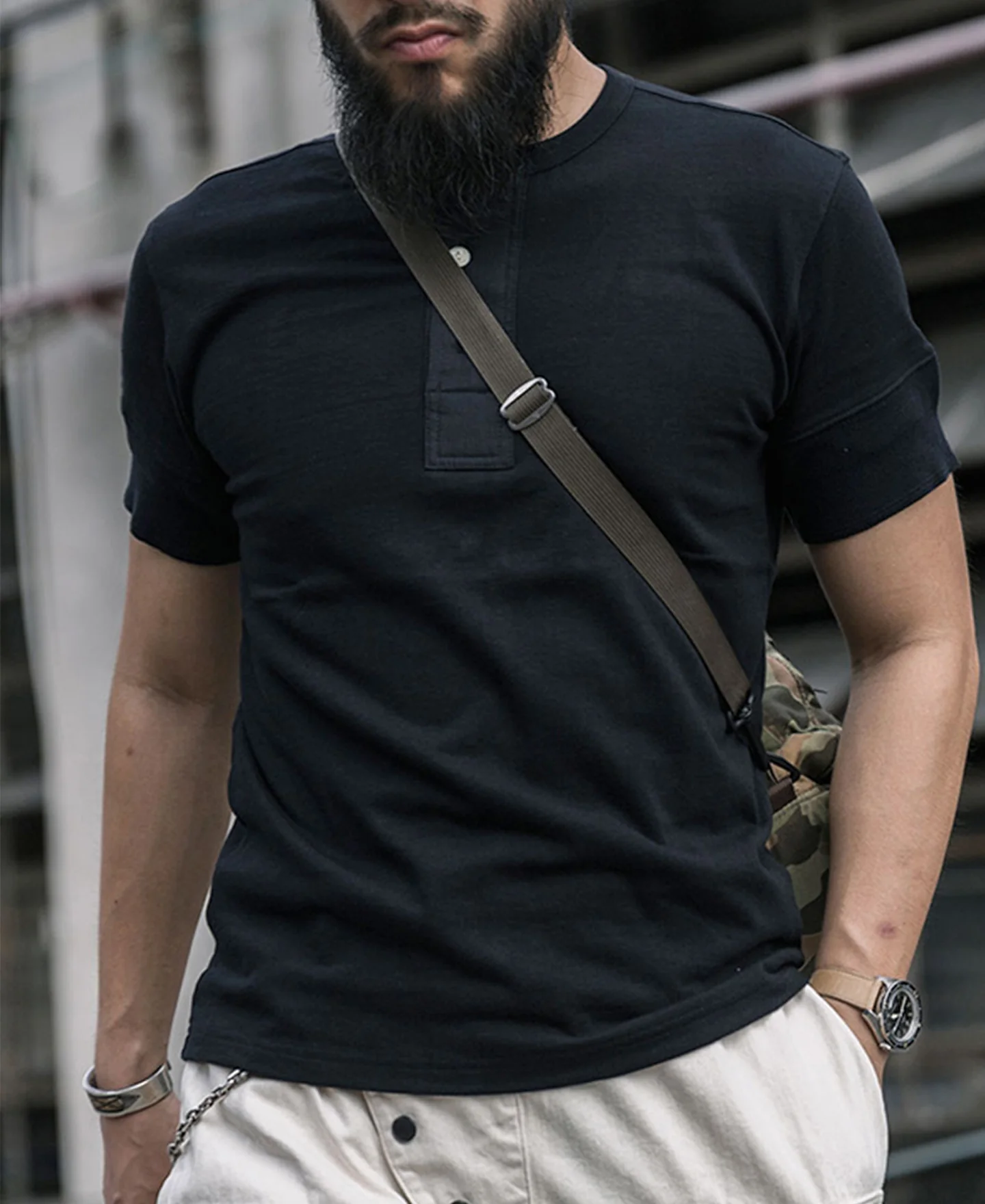 Vintage Short Sleeve Henley T-Shirt - Black - Image 3